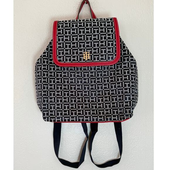 Tommy Hiligiger Liv II Flap Navy White Monogram Red Trim Backpack Purse Bag main image 5
